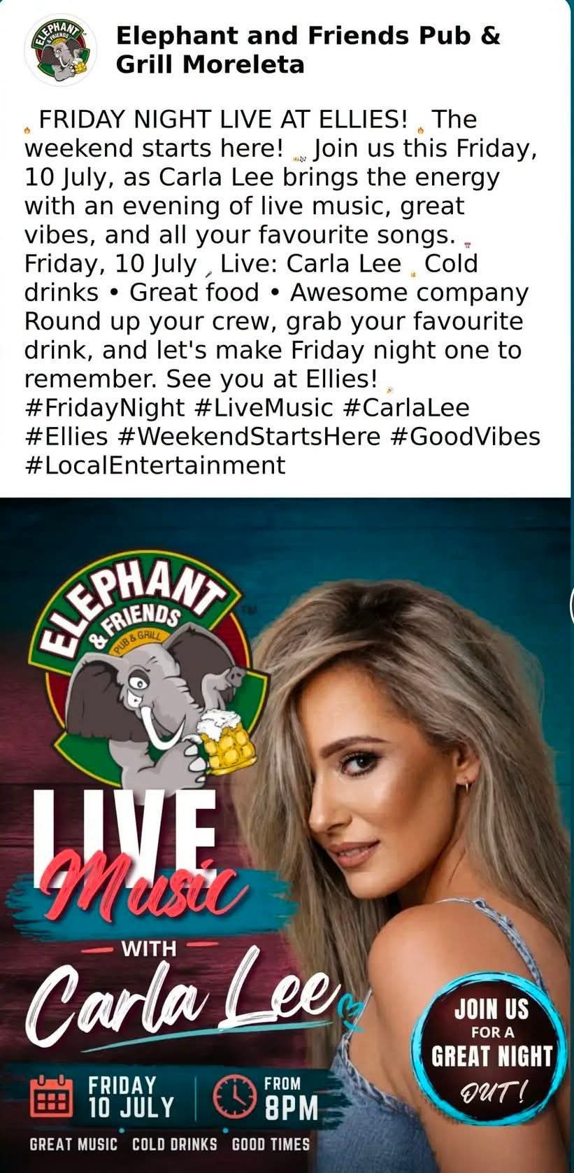 Carla Lee @ Elephant and Friends Pub & Grill Moreleta 10 Jul