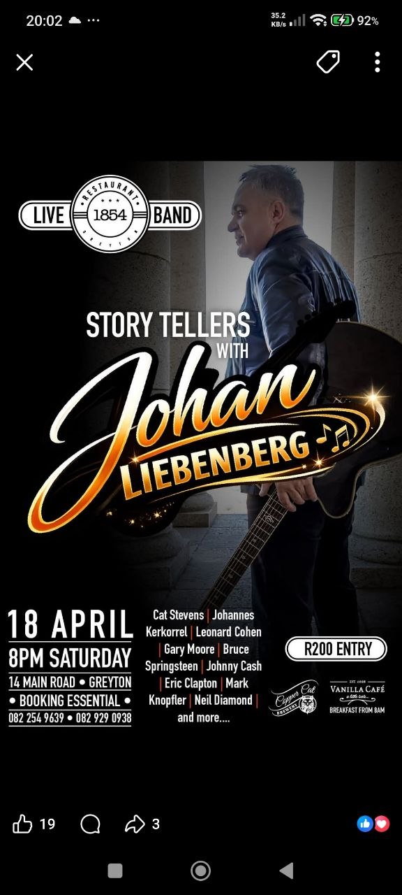 Johan Liebenberg @ 1854 Restaurant, Greyton, 18 April 2026 20:00, R200