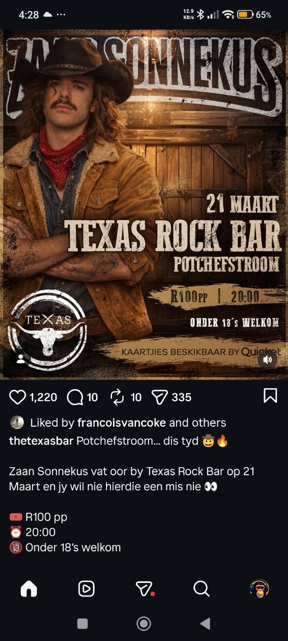 Zaan Sonnekus @ The Texas Bar, Potchefstroom, 21 March 2026 20:00, R100