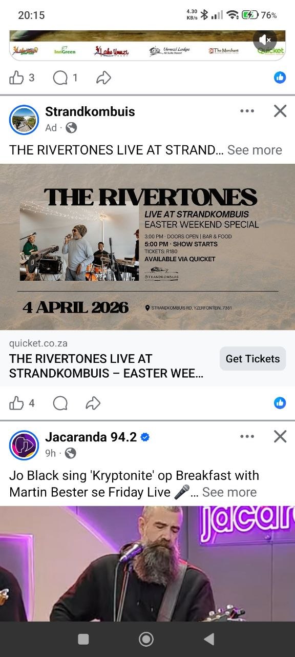 The Rivertones @ Strandkombuis, 4 April 2026 17:00, R180