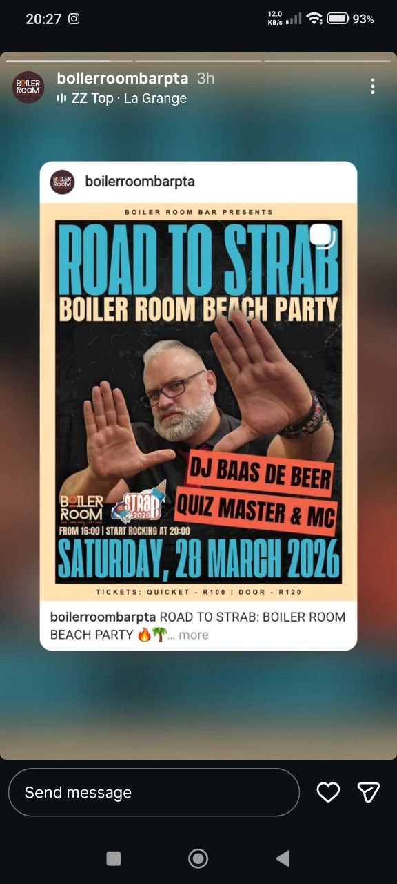 DJ Baas de Beer @ Boiler Room Bar, Pretoria, 28 March 2026 20:00, R100
