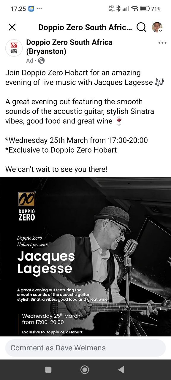 Jacques Lagesse @ Doppio Zero, Hobart, 25 March 2026 17:00, Free