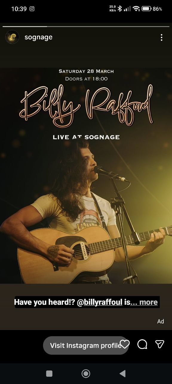Billy Raffoul @ Sognage, 28 March 2026 18:00, Free