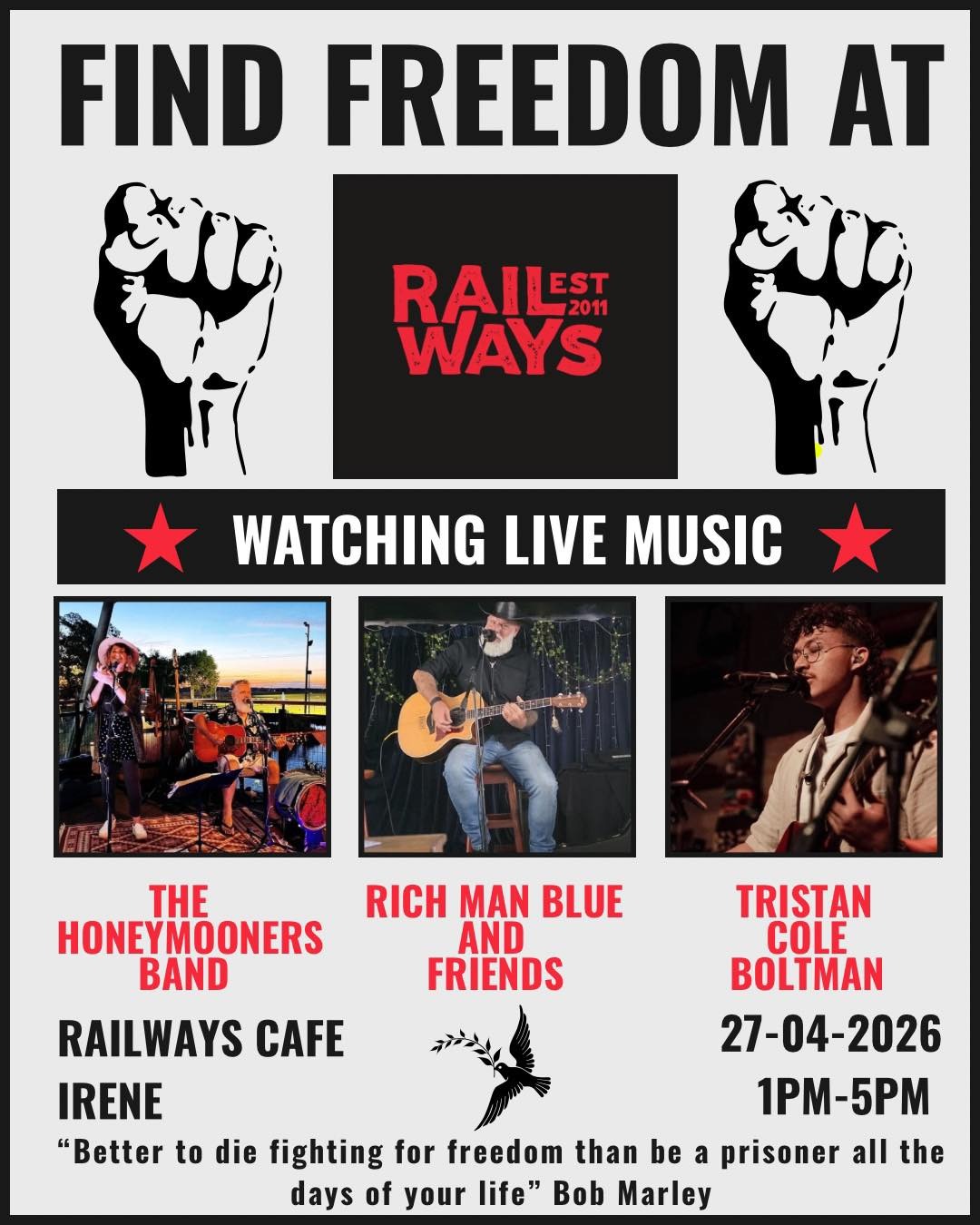 The Honeymooners Band, Rich Man Blue and Friends, Tristan Cole Boltman @ Railways Cafe Irene, 27-04-2026 13:00 - Image 1
