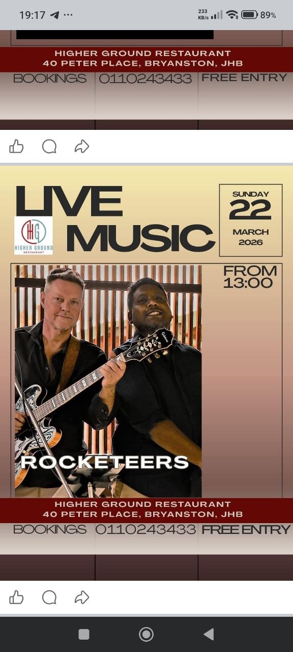 Rocketeers @ Higher Ground Restaurant, 40 Peter Place, Bryanston, JHB, 22 March 2026 13:00, Free