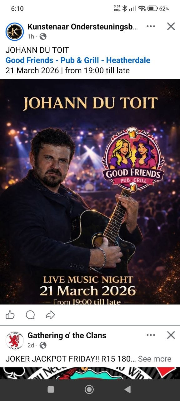 Johann Du Toit @ Good Friends - Pub & Grill - Heatherdale, 21 March 2026 19:00, Free