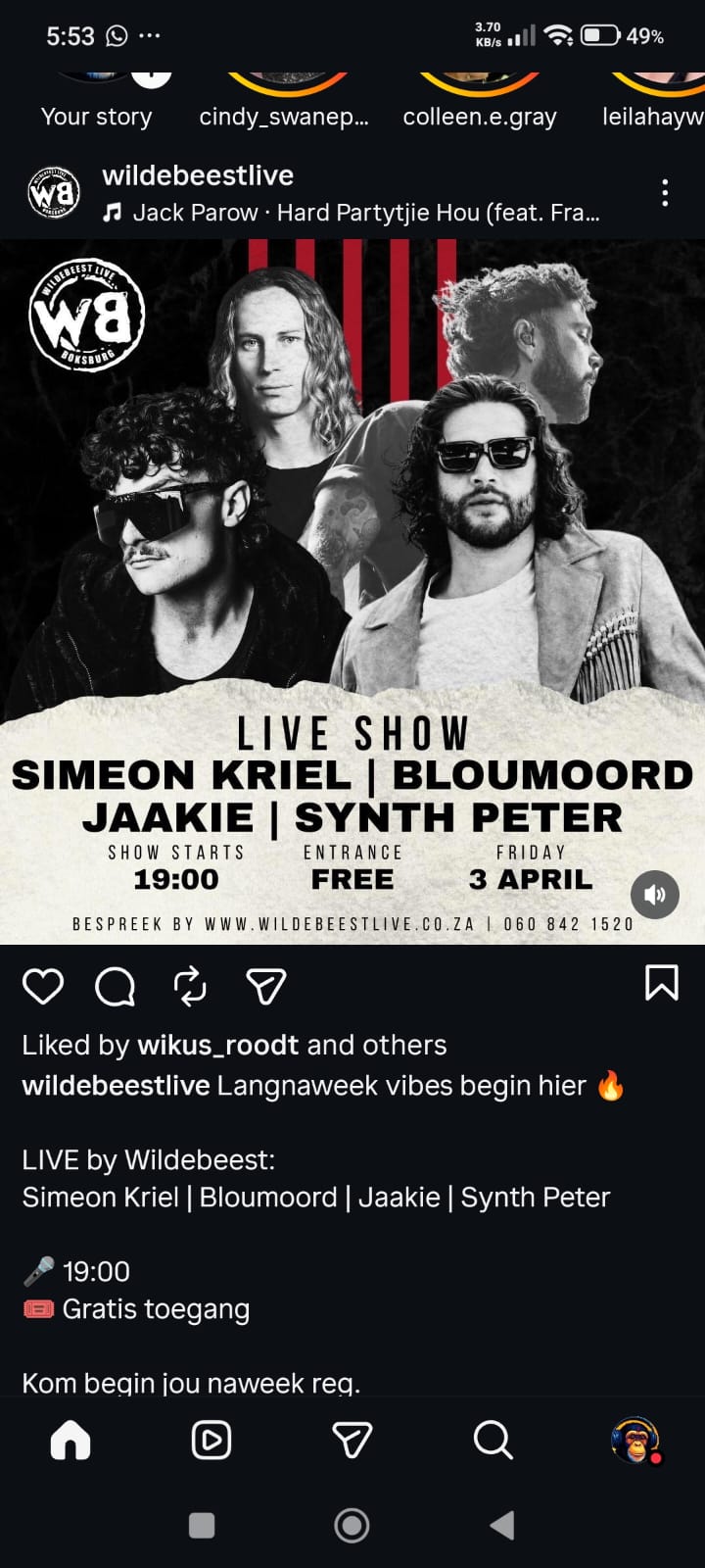 Simeon Kriel, Bloumoord, Jaakie, Synth Peter @ Wildebeest Live, 03-04-2026 19:00