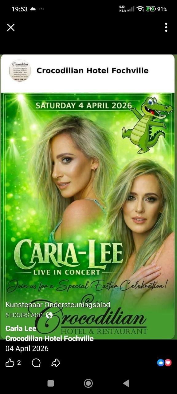 Carla Lee @ The Crocodilian Hotel & Restaurant, Fochville, 4 April 2026, Free