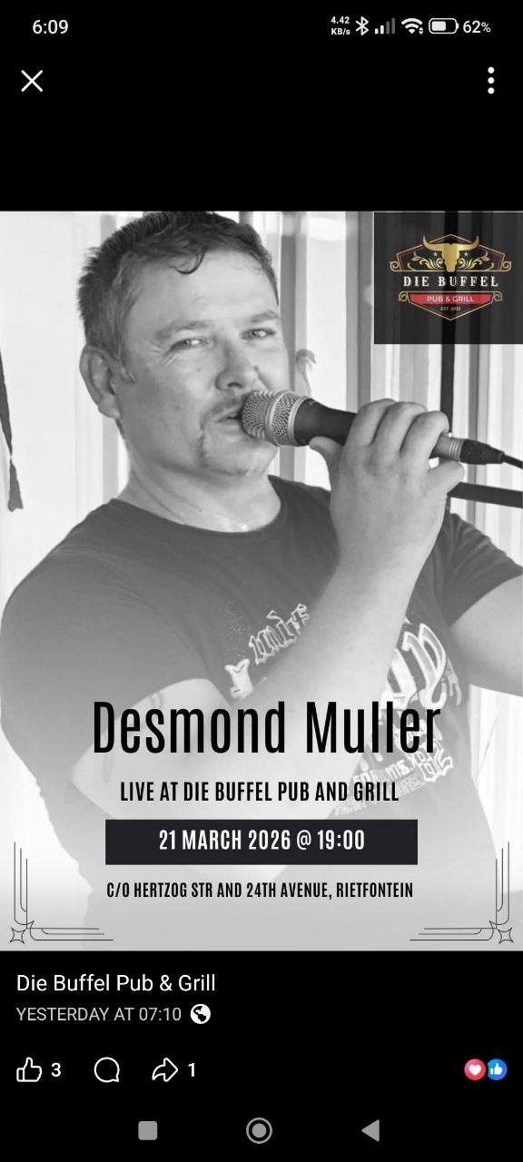 Desmond Muller @ Die Buffel Pub and Grill, 21 March 2026 19:00, Free