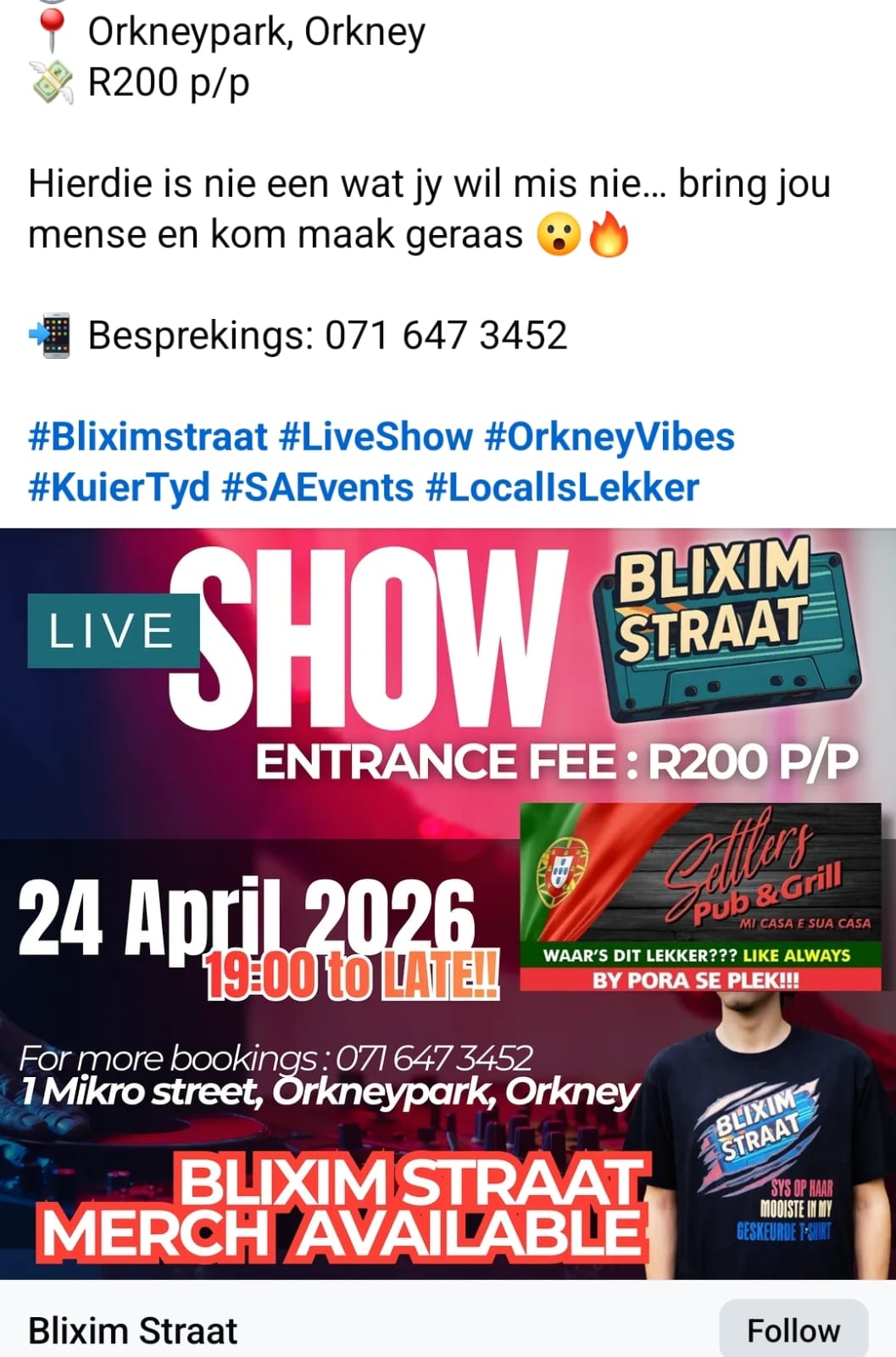 Blixim Straat @ Settlers Pub & Grill, 1 Mikro street, Orkneypark, Orkney, 24-04-2026 19:00, R200