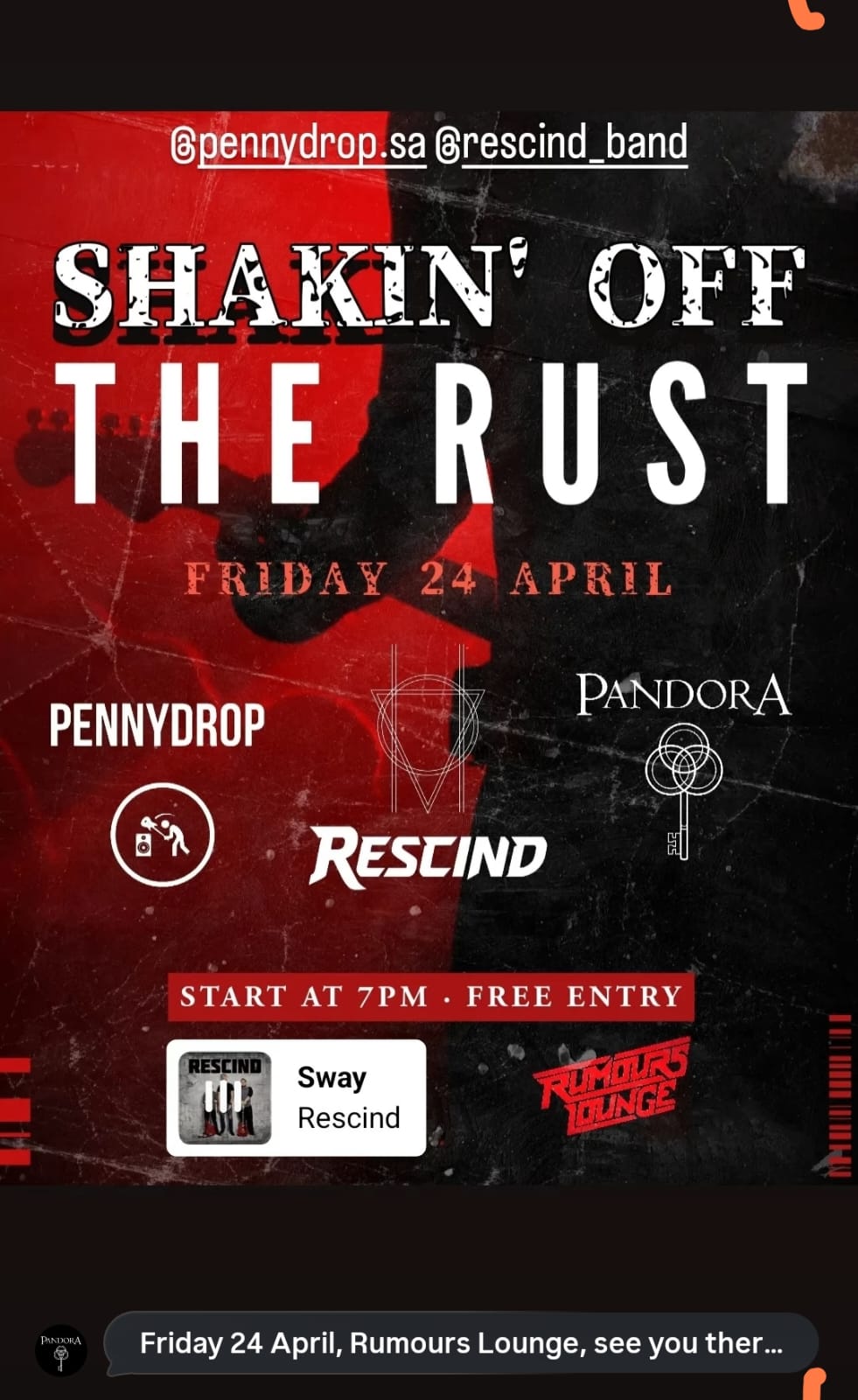 Pennydrop, Pandora, Rescind @ Rumours Lounge, 24-04-2026 19:00