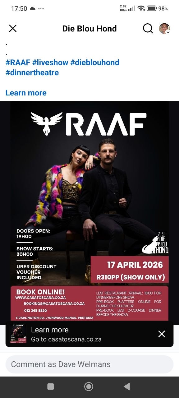 RAAF @ Die Blou Hond, 17 April 2026 20:00, R310