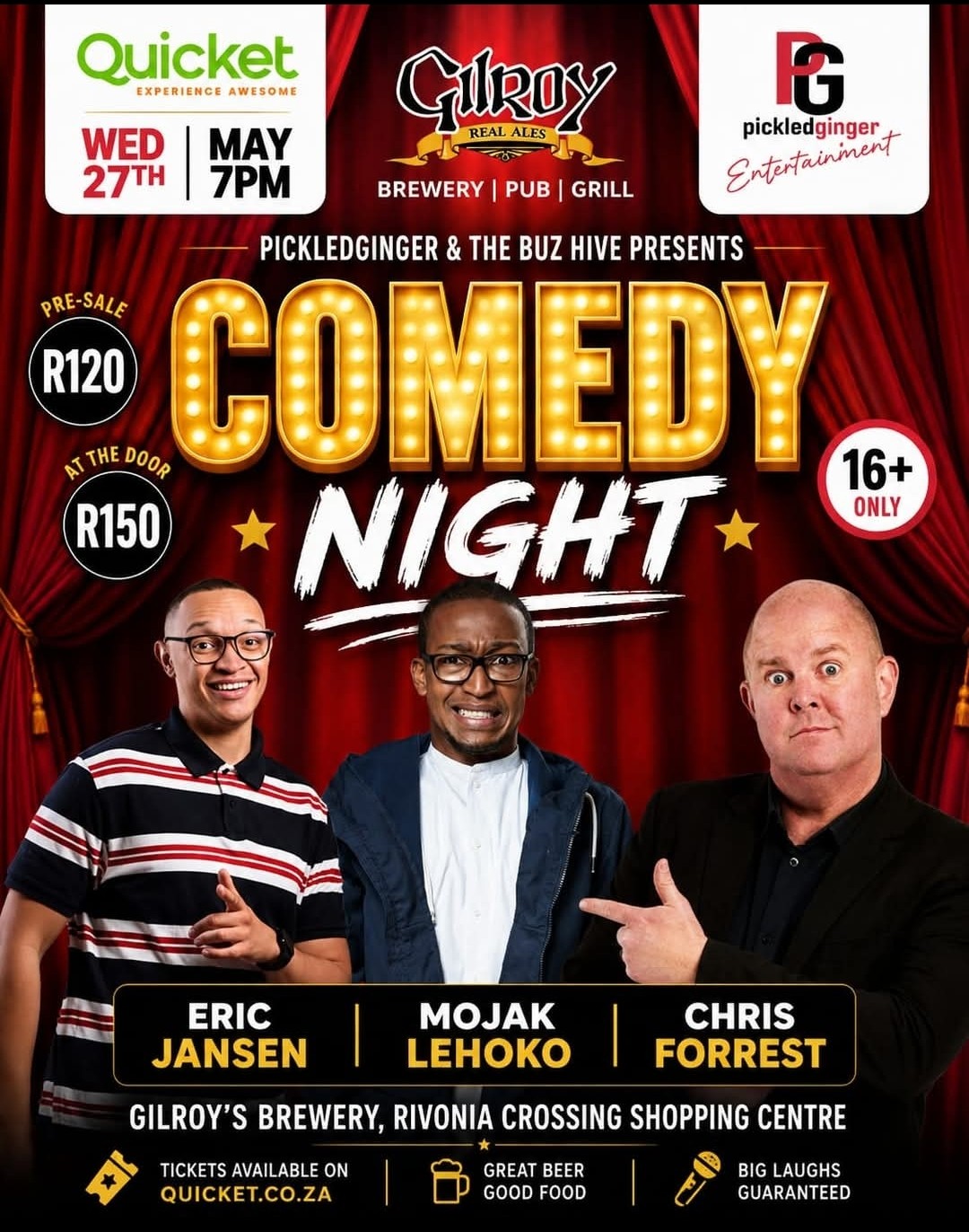 Comedy Night @ Gilroy's 27 May, 7pm, R120